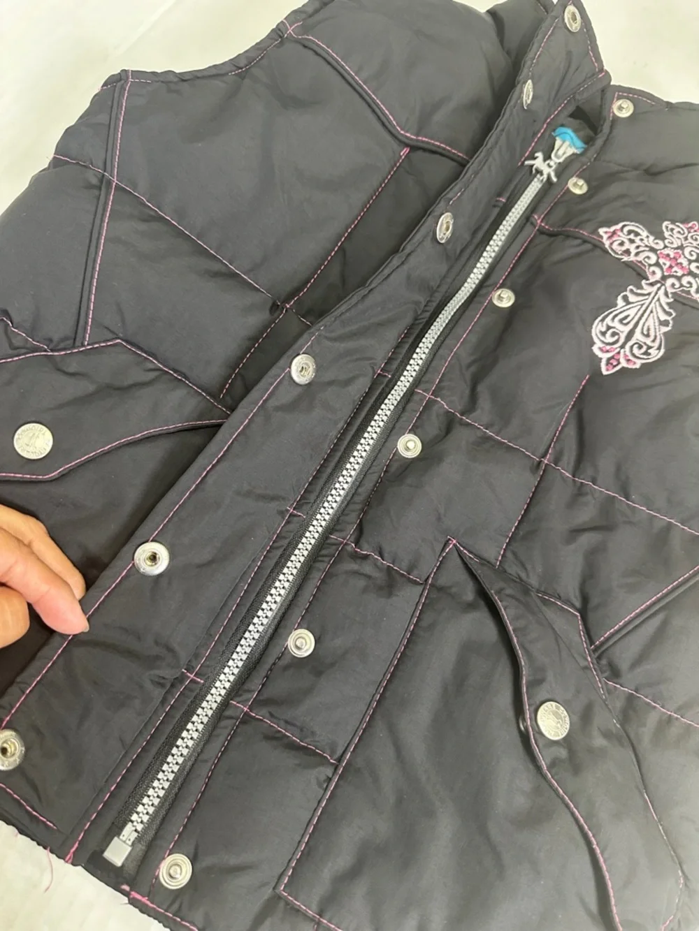 Cowgirl Hardware Black Pink Puffer Vest Full‎ Zip Snap Button Youth Girls Medium